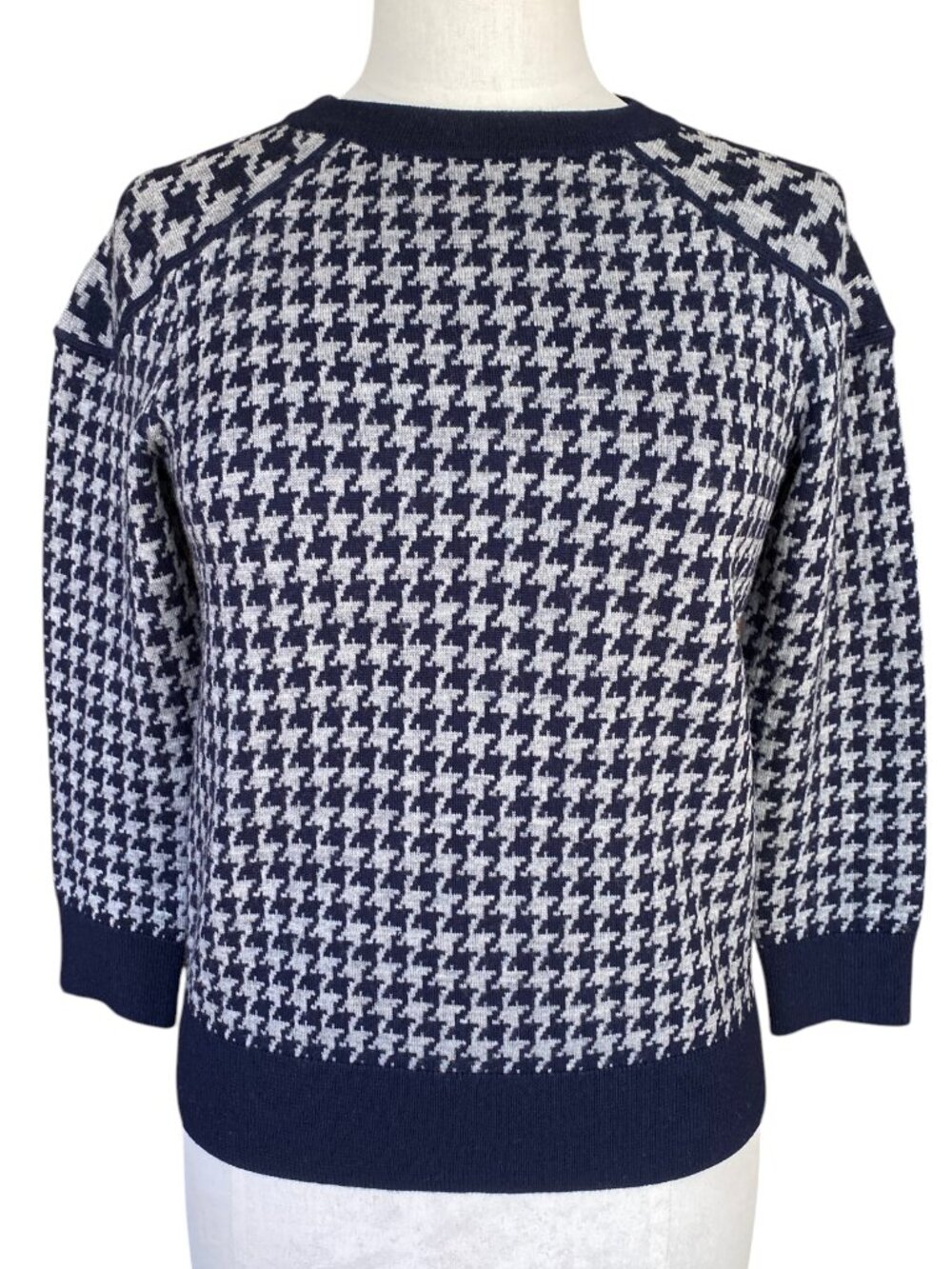 J Crew Houndstooth 100% Merino Wool Sweater Navy Gray Academia Old Money Prep-S